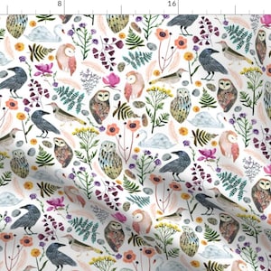 May include: A white background with a repeating pattern of owls, crows, swans, and flowers in shades of pink, purple, green, yellow, and brown.