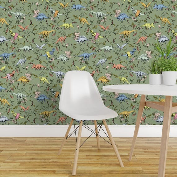 Dinosaur Wallpaper - Dino Dancer Dusk By Pattern State - Green Dinosaur Custom Printed Removable Self Adhesive Wallpaper Roll by Spoonflower