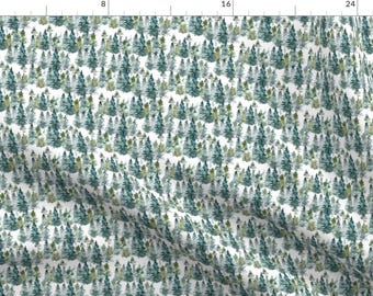 Forest Fabric - Tiny Woodland Trees - White By Shopcabin - Trees Forest Woodland Green White Cotton Fabric By The Yard With Spoonflower