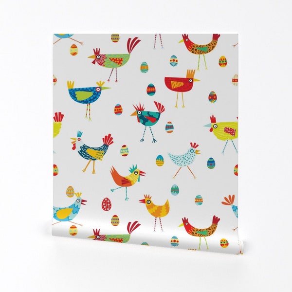 Chicken Wallpaper - Colorful Funky Chickens By Happychinchilla - Chicken Custom Printed Removable Self Adhesive Wallpaper by Spoonflower