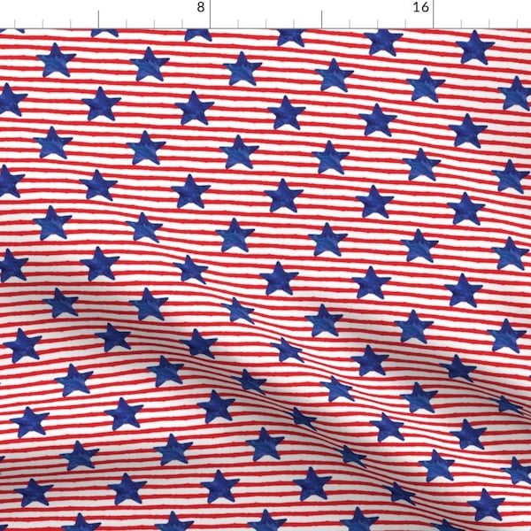 Stars And Stripes Fabric - Blue Watercolor Star On Stripes By Littlearrowdesign - July 4th Cotton Fabric by the Yard With Spoonflower