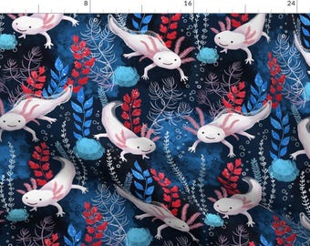 Axolotl Fabric - Axolotl World By Whimsical Brush - Axolotl Red Blue Kids Whimsical Underwater Cotton Fabric By The Yard With Spoonflower
