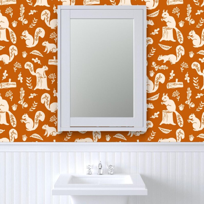Fall Wallpaper - Squirrels Linocut Fall Autumn By Andrea Lauren - Custom Printed Removable Self Adhesive Wallpaper Roll by Spoonflower image 8