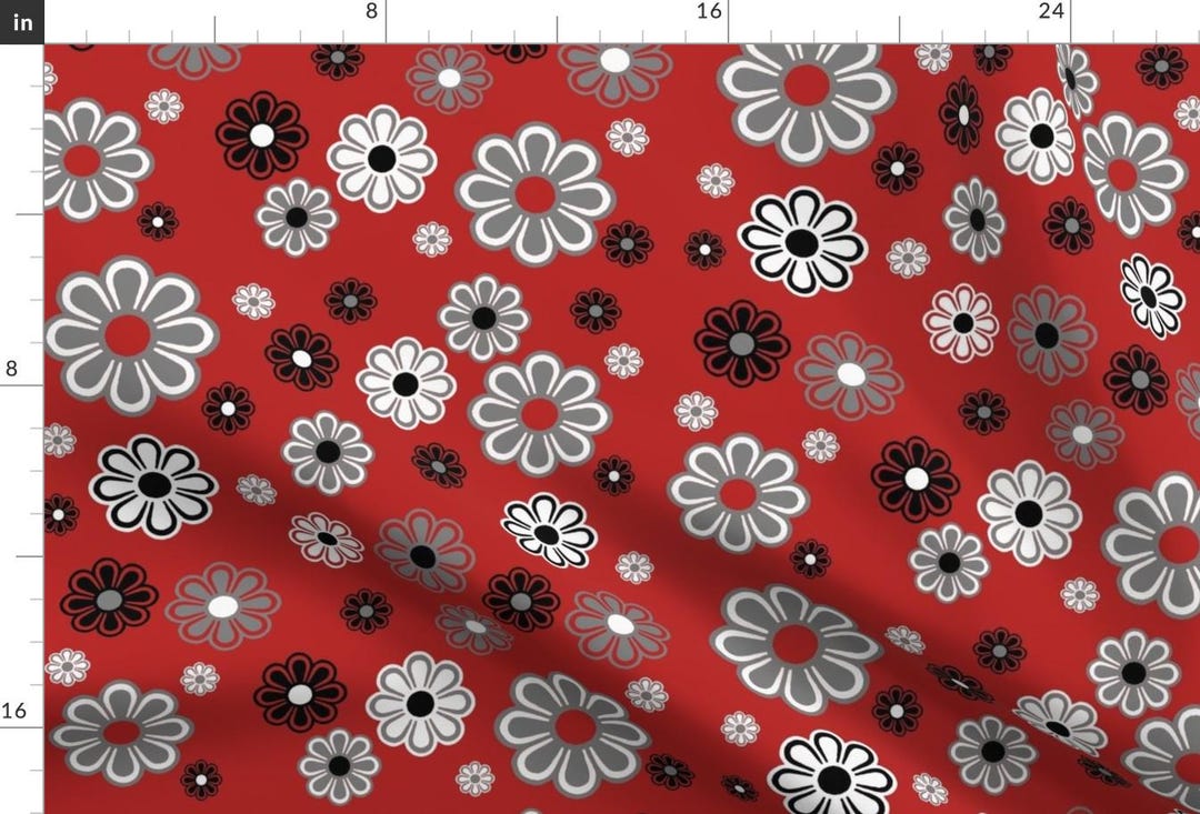 Fun Bright Floral Print Fabric Flower Retro Mod 60s Daisy Black White fun-bright-floral-print-fabric-flower-retro-mod-60s-daisy-black-white