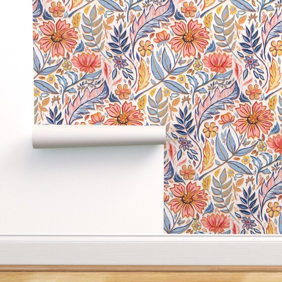 Nouveau Wallpaper Coral Pink Floral By Micklyn Flowers Etsy