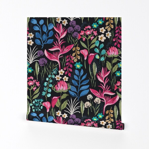 Tropical Wallpaper - Moody Tropical Jewel Garden By Jill O Connor - Floral Colorful Removable Self Adhesive Wallpaper Roll by Spoonflower