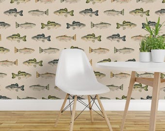 Cabincore Peel-and-Stick-behang - rustieke campingvisser cabinedecor Cabine - verwijderbare muurdecoratiekunst - Lake Fish Large by cateandrainn
