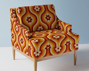 Flower Power Upholstery Fabric- Groovy Daisy Ogee  by de_koro - Yellow Floral Red Retro Ogee 1970s 60s  Fabric By The Yard With Spoonflower