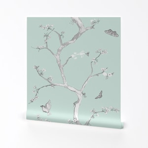 Chinoiserie Wallpaper - Modern Cherry Blossoms On Mint By Domesticate - Custom Printed Removable Self Adhesive Wallpaper Roll by Spoonflower