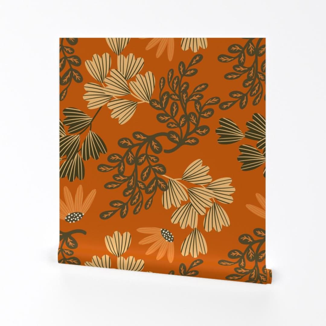 Orange Floral Removable Peel and Stick Wallpaper - Vintage Botanical ...