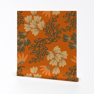 Orange Floral Removable Peel and Stick Wallpaper - Vintage Botanical Wildflowers - Wall Art Wall Decor - Autumn Floral by webvilla