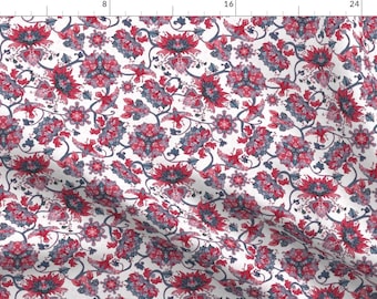 Red Floral Chintz Illustration Fabric - Chintz'N Birds By Lilalunis - Chintz Red Gardens Cotton Fabric By The Yard With Spoonflower