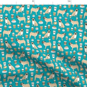 Blue Green Coffee Pug Dog Fabric Pugs Coffee Latte Turquoise Coffee Pugs By Petfriendly Cotton Fabric By The Yard With Spoonflower image 1