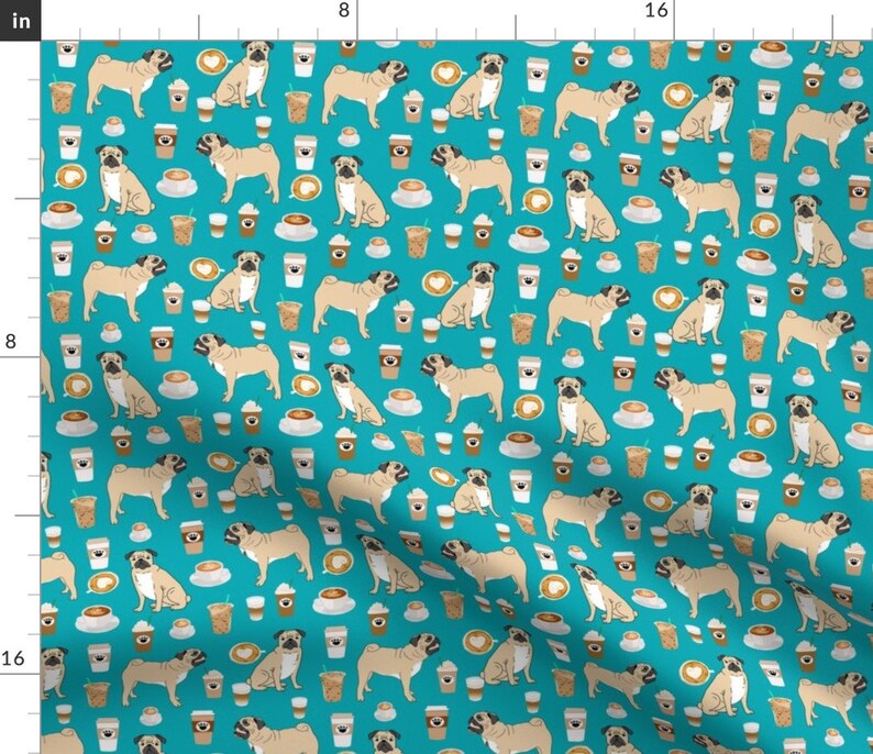 Blue Green Coffee Pug Dog Fabric Pugs Coffee Latte Turquoise Coffee Pugs By Petfriendly Cotton Fabric By The Yard With Spoonflower image 1