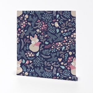 Fox Wallpaper - Sleeping Fox - Dark By Ewa Brzozowska - Navy Pink Tan Custom Printed Removable Self Adhesive Wallpaper Roll by Spoonflower