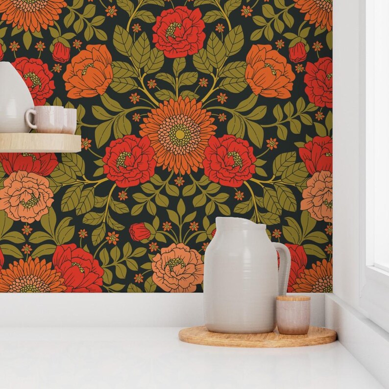 Vintage Garden Peel and Stick Wallpaper - Green Red Orange Victorian Floral - Removable Wall Decor Art - Botanical Pattern by somecallmebeth image 7