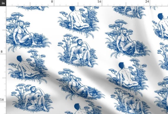 Adult Mature Toile Fabric - Pastoral Men By In Wonderland - Toile Male Men White Classic Romantic Cotton Fabric By The Yard With Spoonflower