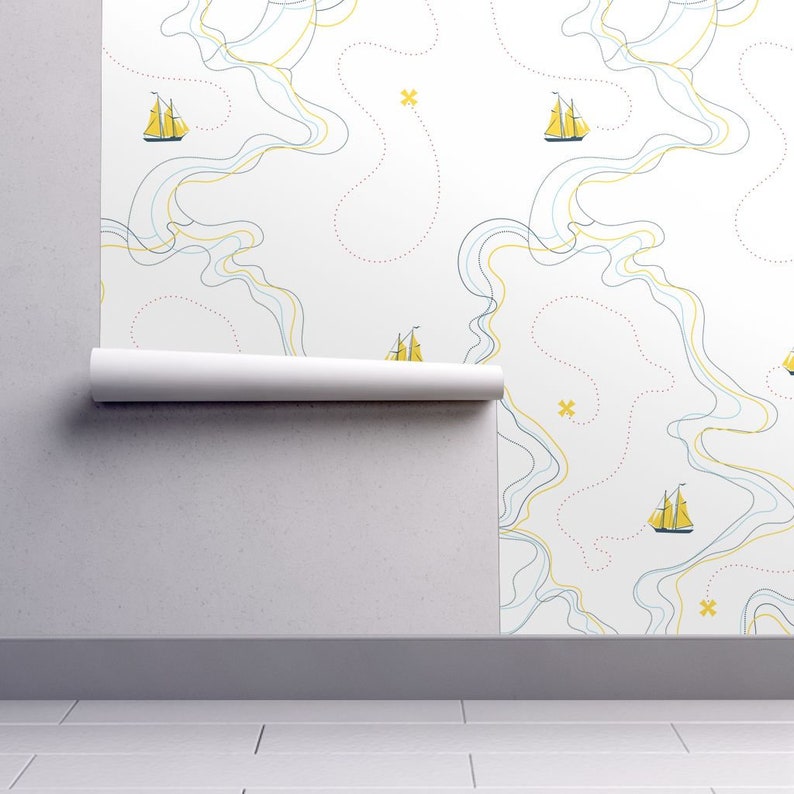 Sailing Wallpaper Sailing For The Treasure Yellow By Ravynka Sailing Cotton Fabric By The Yard With Spoonflower