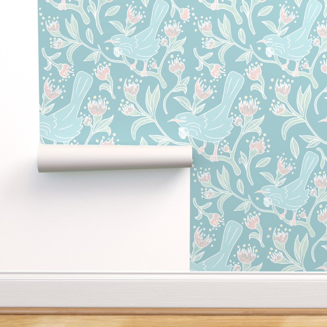 Tui Bird Wallpaper Tui Bird in Soft Blue by Bekabeesews | Etsy