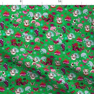 Cats Fabric - Lucky Cat Maneki Neko , Dragons And Koi Fish-Green-Small By Miss Fluff - Cats Green Cotton Fabric By The Yard With Spoonflower