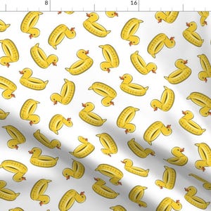 May include: A white background with a repeating pattern of yellow inflatable duck pool floats. The ducks are all facing the same direction and have a simple design.