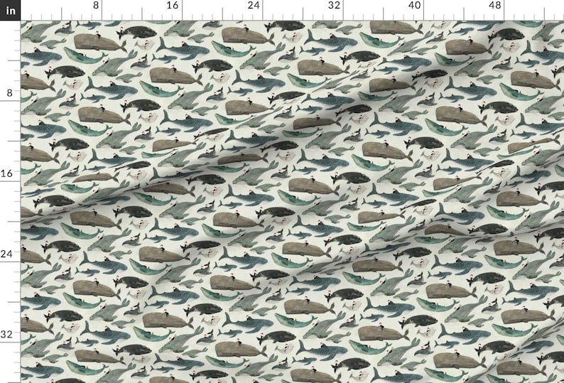 May include: A seamless pattern featuring a variety of watercolor illustrations of whales, dolphins, and other sea creatures in shades of blue, gray, and white on a cream background.