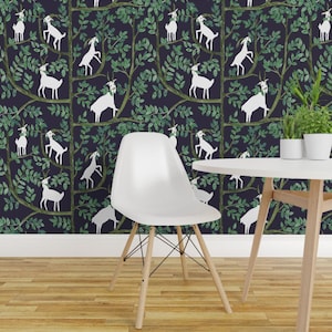 Goat Wallpaper - Happy Goat-Together In Trees By Scarlette Soleil - Navy Green Animal Removable Self Adhesive Wallpaper Roll by Spoonflower