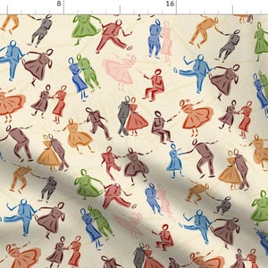 Può includere: Un motivo senza cuciture che presenta un design ripetitivo di coppie che ballano. I ballerini sono rappresentati in modo semplice e stilizzato con colori tenui su uno sfondo crema.