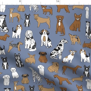 Dogs Fabric - Happy Dogs // Stonewash Blue Pets Fabric Pug By Andrea Lauren - Blue Gray Dogs Cotton Fabric By The Yard With Spoonflower
