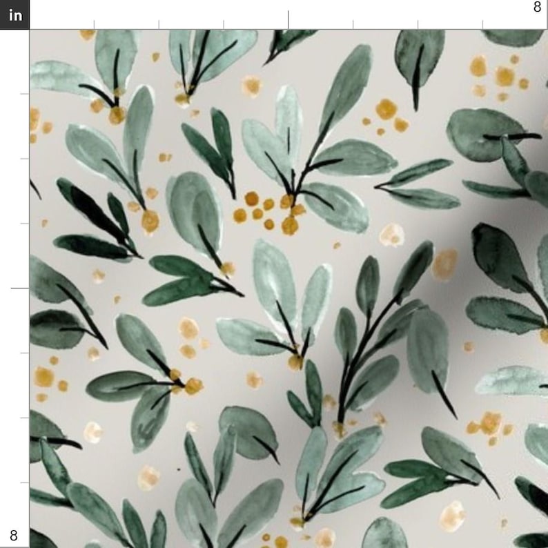Mistletoe Green Floral Fabric - Winter Berry Sprigs - Gold On Gray By Crystal Walen - Mistletoe Cotton Fabric By The Yard With Spoonflower image 3
