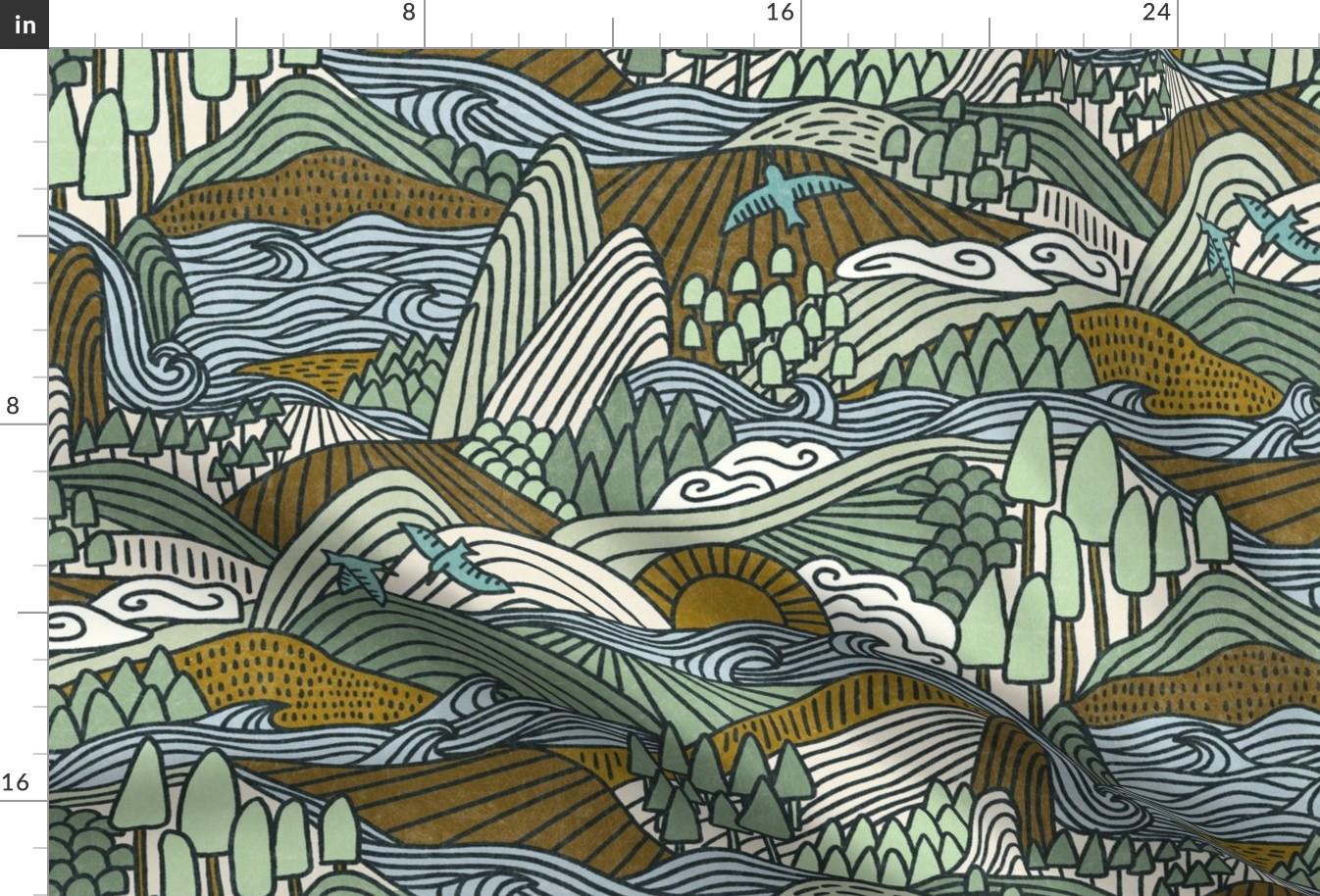 Geometric Nature Fabric - Cascadia (blue And Green) by amy_maccready - Modern Landscape Outdoors Forest Fabric by the Yard by Spoonflower