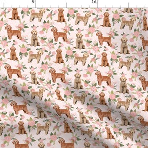 Golden Doodle Fabric - Golden Doodle Floral By Petfriendly - Peach Pink Brown Dog Breed Pets Cotton Fabric By The Yard With Spoonflower