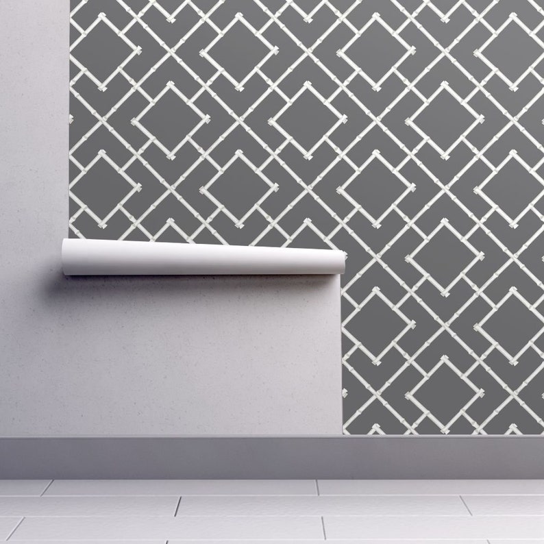 Bamboo Wallpaper Bamboo Trellis Charcoal By Willowlanetextiles Gray Custom Printed Removable Self Adhesive Wallpaper Roll by Spoonflower