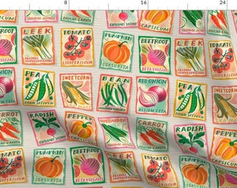 May include: A colorful vintage-style pattern featuring various vegetable seed packets. Each packet has a different vegetable illustration and the name of the vegetable in a white box. The background is a light beige with a subtle texture.