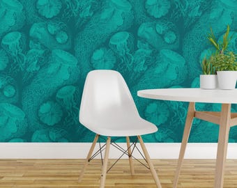Quallen-Tapete - Quallenschwarm Von Peacoquettedesigns - Quallen Individuell bedruckte, entfernbare, selbstklebende Tapetenrolle von Spoonflower