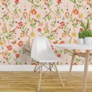 Vintage Botanical Peel and Stick Wallpaper - Orange Flora Watercolor Birds - Removable Wall Decor Art - Antiqued Bird Chinoiserie by utart