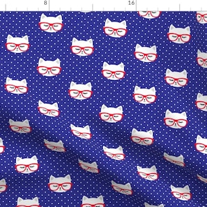 Blue Fabric - Cats With Glasses - Polka On Blue By Littlearrowdesign - Blue Cat Glasses Dots Red Cotton Fabric By The Yard With Spoonflower