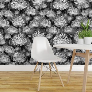 Dandelion Wallpaper - Black White Dandelions Large By Chicca Besso - Custom Printed Removable Self Adhesive Wallpaper Roll by Spoonflower