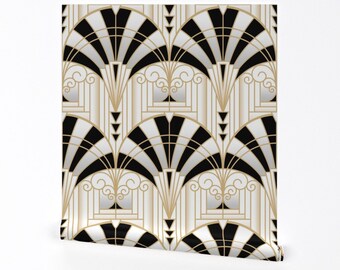 20s Architecture Wallpaper - Art Deco Alcove by leahsoha - Line Art Black White B&w Fan Removable Peel and Stick Wallpaper by Spoonflower