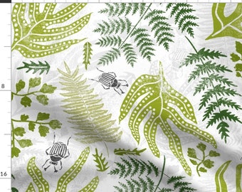 Beetles Fabric - Fernery Block Print Style By Pinky Wittingslow- Greenery Spring Bugs Leaves Fern Cotton Fabric By The Yard With Spoonflower
