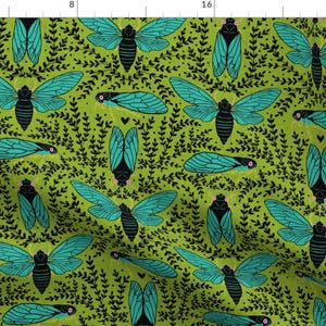 Cicada Fabric - Retro Cicadas by scarlet_soleil - Green Retro Bugs Insect Wings Entomology Fabric by the Yard by Spoonflower