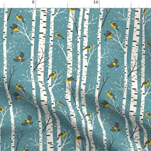 Snow Birds Fabric - Snowy Morning - Light Teal Blue By Mirabelleprint - Winter Birch Forest Cotton Fabric By The Yard With Spoonflower