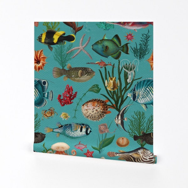 Ocean Life Wallpaper - Oceania In Turquoise By Delinda Graphic Studio - Fish Bathroom Removable Self Adhesive Wallpaper Roll by Spoonflower