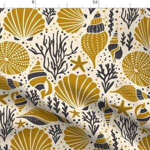 Nautical Fabric - Washed Ashore By Heatherdutton - Yellow Black Coastal Beach Ocean Urchin Sea Cotton Fabric By The Yard With Spoonflower