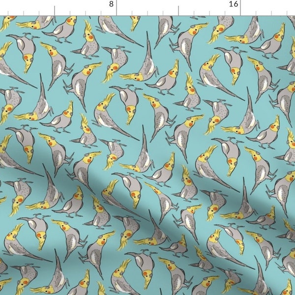 Gray and Yellow Cockatiel Fabric - Watercolor Cockatiel On Light Blue By Landpenguin - Cockatiel Cotton Fabric By The Yard With Spoonflower