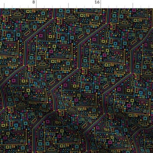 May include: A seamless pattern of colorful circuit boards on a black background. The circuit boards are made up of lines, squares, and rectangles in shades of yellow, pink, blue, and green.