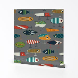 Lures Wallpaper - Hooked Up By Katerhees - Gray Red Blue Boys Kids Fishing Camping Removable Self Adhesive Wallpaper Roll by Spoonflower