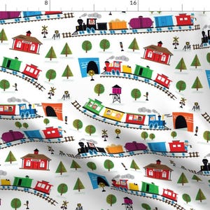 Trains on White Fabric - Trains White By Edward Elementary - Rainbow Trains on White Cotton Fabric By The Yard With Spoonflower