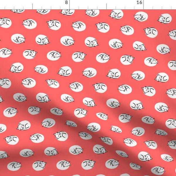 Napping Cats Fabric - Cat Nap On Coral By Sheena Hisiro - Red Cats Napping Pet Decor Cotton Fabric By The Yard With Spoonflower
