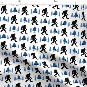 Bigfoot Fabric - Sasquatch Blue Trees By Mariafaithgarcia - Whimsical Cryptid Cryptozoology Cotton Fabric By The Yard With Spoonflower